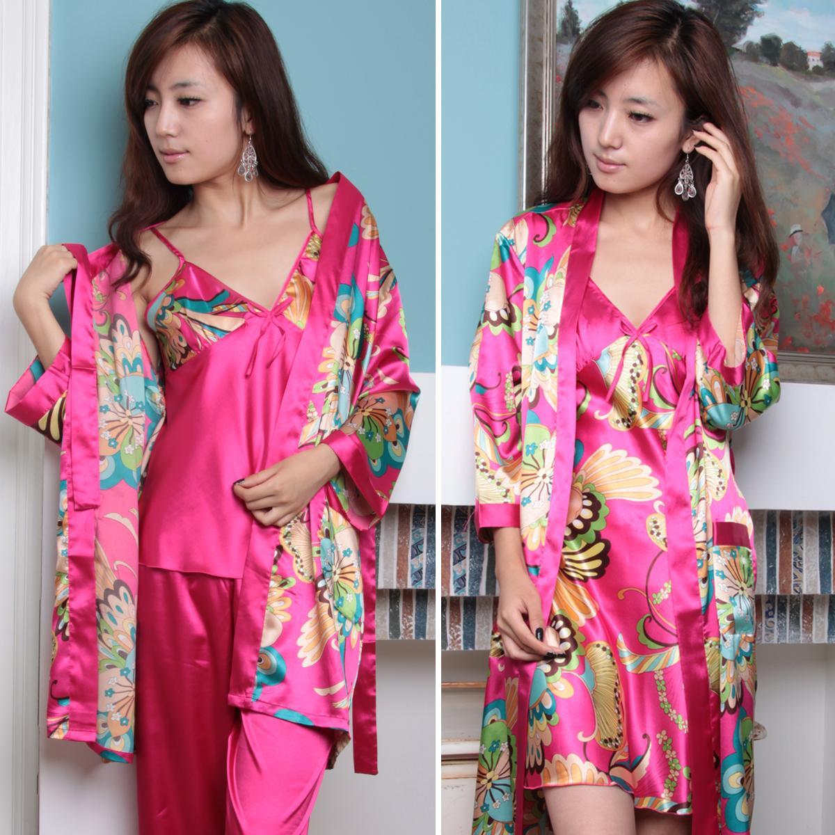 2012 silk leugth cartoon spaghetti strap sleepwear robe twinset piece set