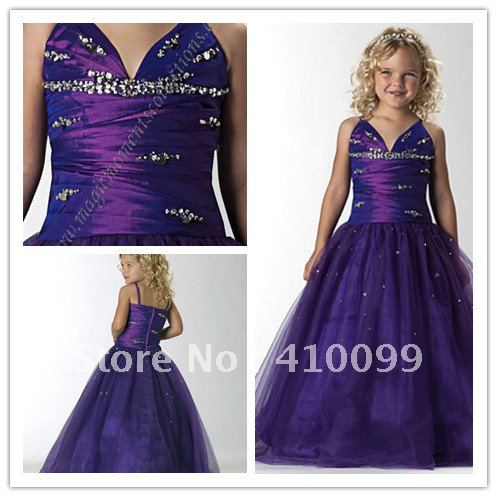 2012 Simple Design V Neck Dark Purple Organza Ball Gown Custom made Pageant Little Girls Formal Dresses