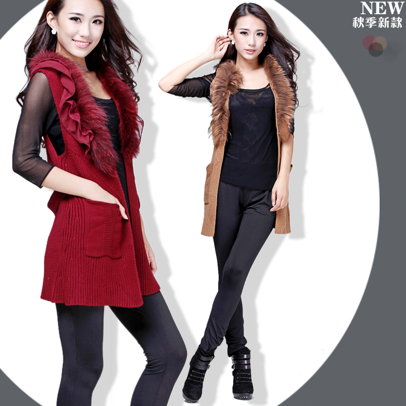 2012 sleeveless double pocket fur collar medium-long knitted sheep cardigan