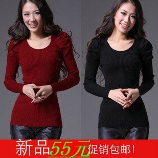 2012 slim basic regular style bubble long-sleeve o-neck solid color sweater women's