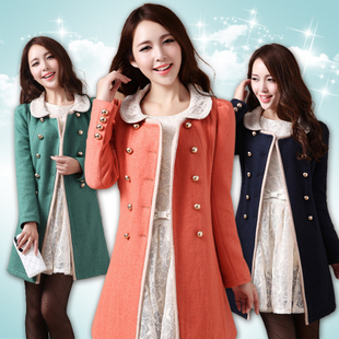 2012 slim double breasted beading o-neck woolen overcoat outerwear trench