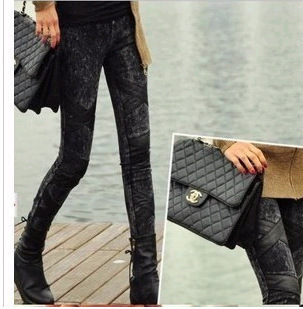 2012 slim elastic personalized faux leather patchwork denim legging female thickening