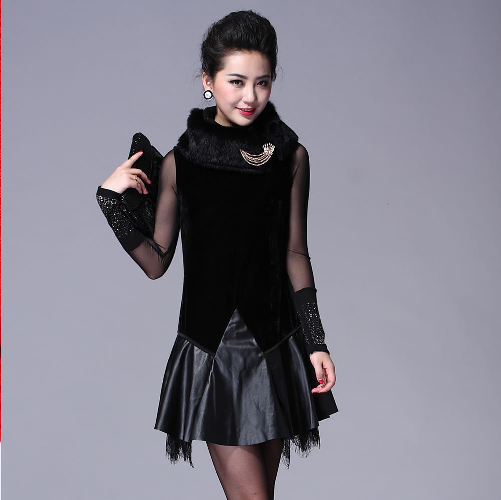 2012 slim elegant quality rabbit fur leather skirt lace tank dress autumn and winter one-piece dress