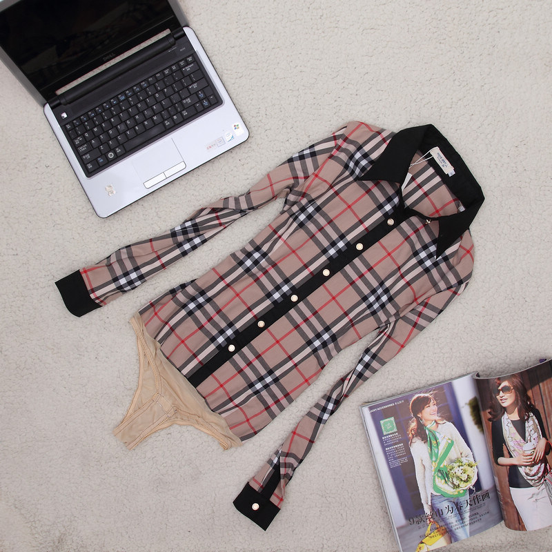 2012 slim female ol brief classic plaid long-sleeve one piece shirt one piece shirt