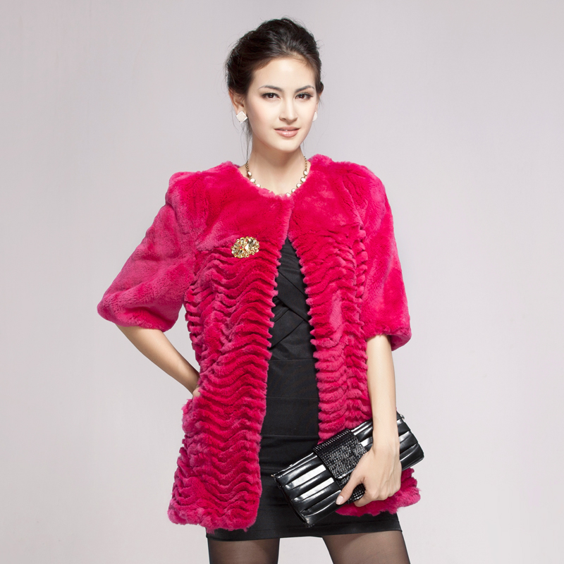 2012 slim korean style medium-long fifth sleeve o-neck rex rabbit hair fur coat elegant gracefull ladies fur garment free ship