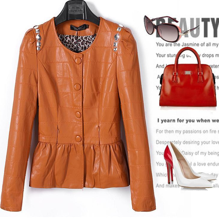 2012 slim long-sleeve diamond outerwear PU leather jacket women leather clothing female coats suit jackets