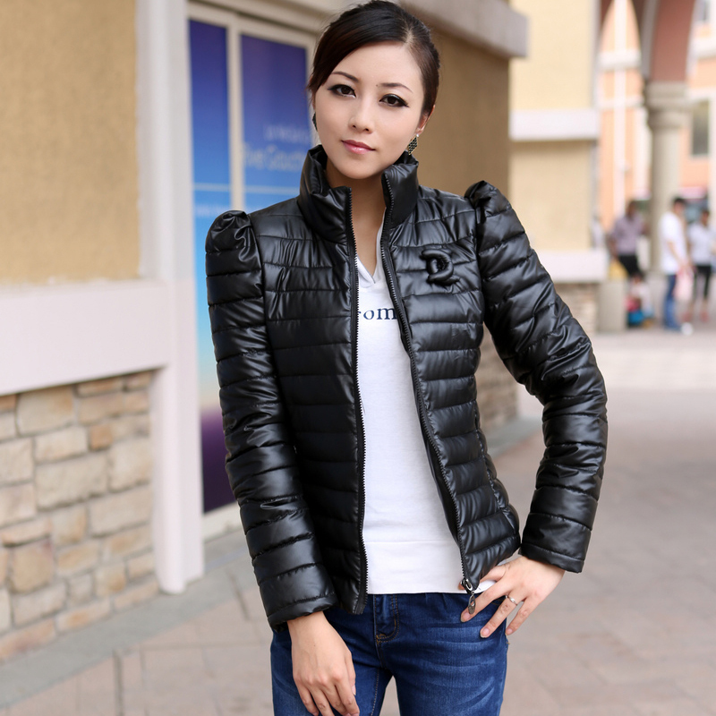 2012 slim PU stand collar down coat short design women's motorcycle outerwear