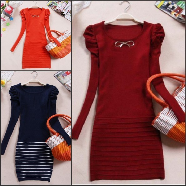 2012 slim puff sleeve medium-long basic sweater shirt slim hip sweater dress female