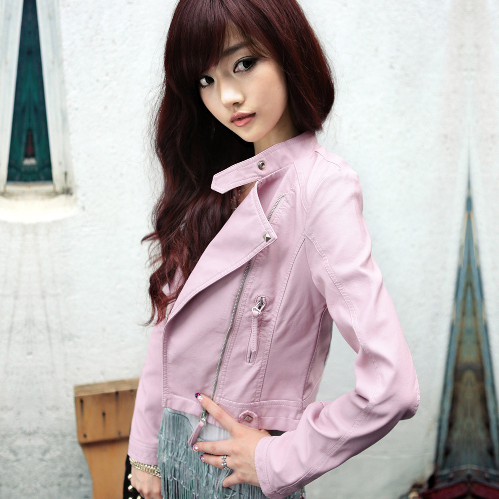 2012 slim short design PU clothing outerwear pink jacket slim outerwear