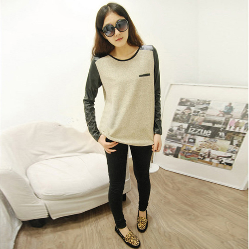 2012 snowflakes cotton leather t-shirt all-match casual basic shirt collcction women's top long-sleeve