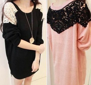2012 solid color plus size loose lace patchwork sweet T-shirt female long-sleeve sweater
