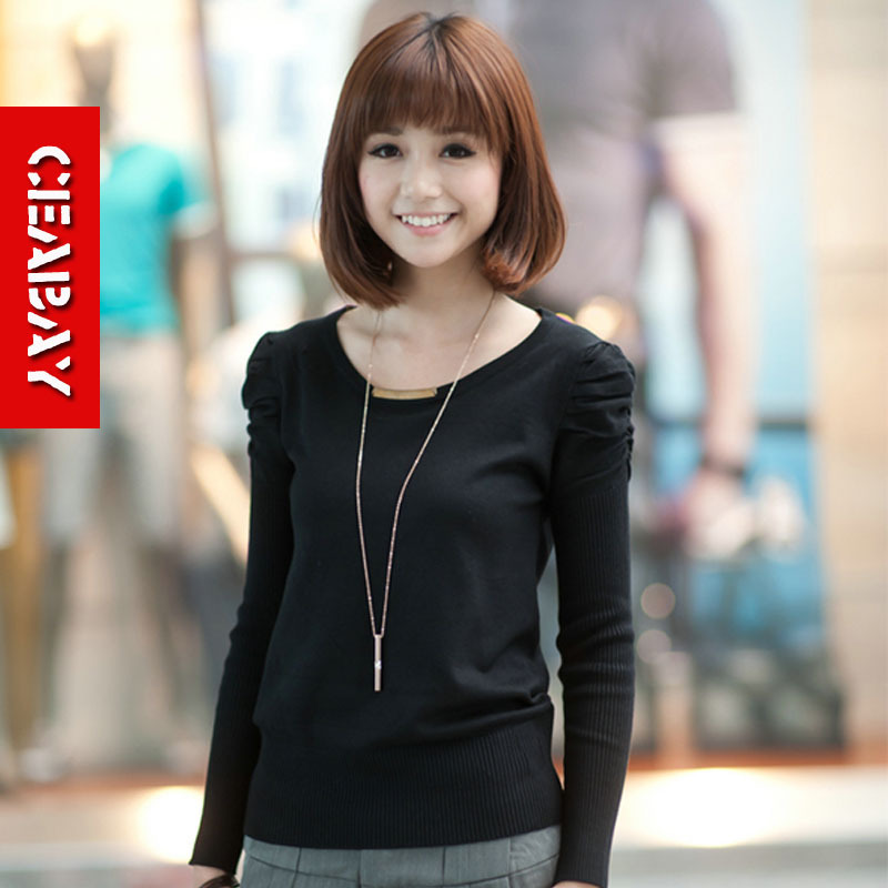 2012 solid color puff sleeve slim all-match metal decoration long-sleeve sweater basic shirt female