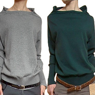 2012 solid color women's long-sleeve loose slit neckline sweater basic sweater