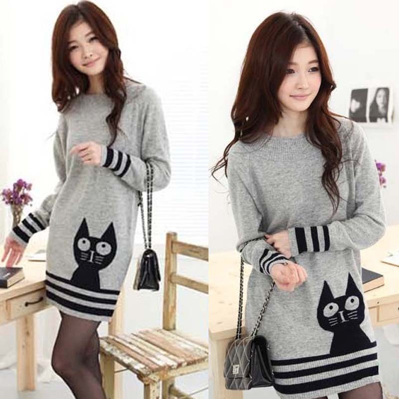 2012 solid color women's slim medium-long long-sleeve o-neck cat pattern sweater autumn