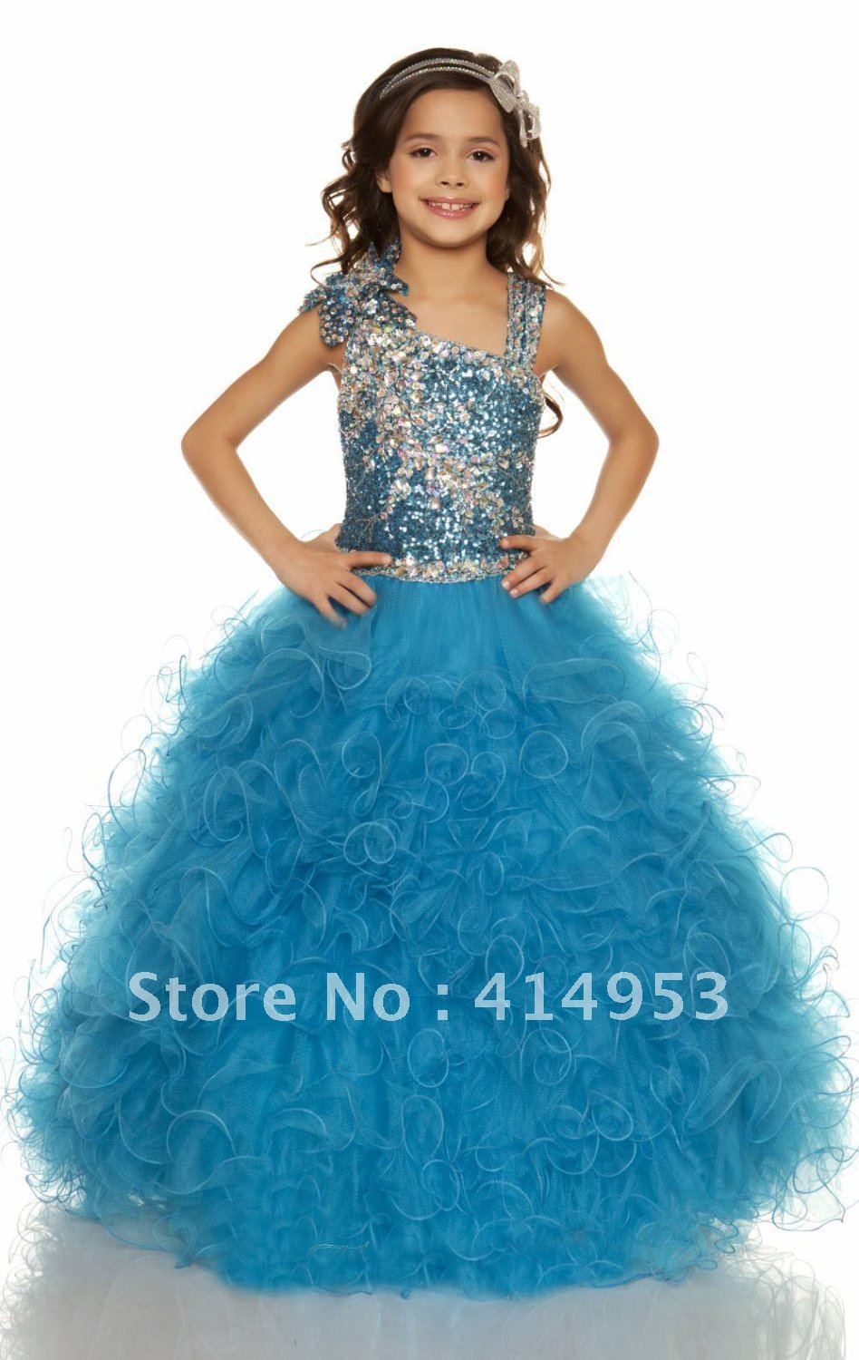 2012 Spaghetti Straps Sparkling Crystal Beaded Blue Organza Full Skirt Ball Gown Luxury Flower Gril Dresses