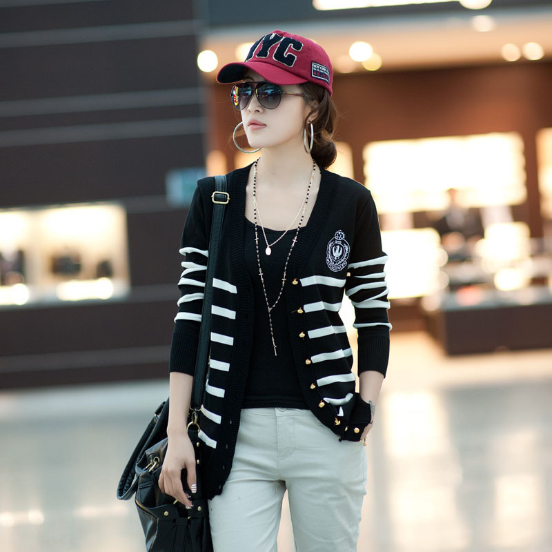 2012 spring - 406 women's sweater loose cardigan long-sleeve stripe navy style shirt outerwear