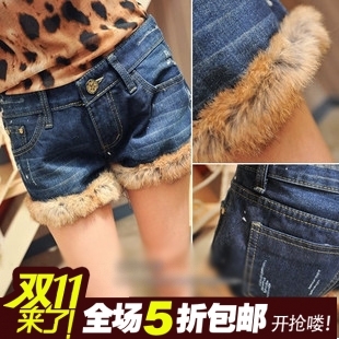 2012 spring all-match rabbit roll-up hem roll up hem patchwork Dark Blue denim shorts female