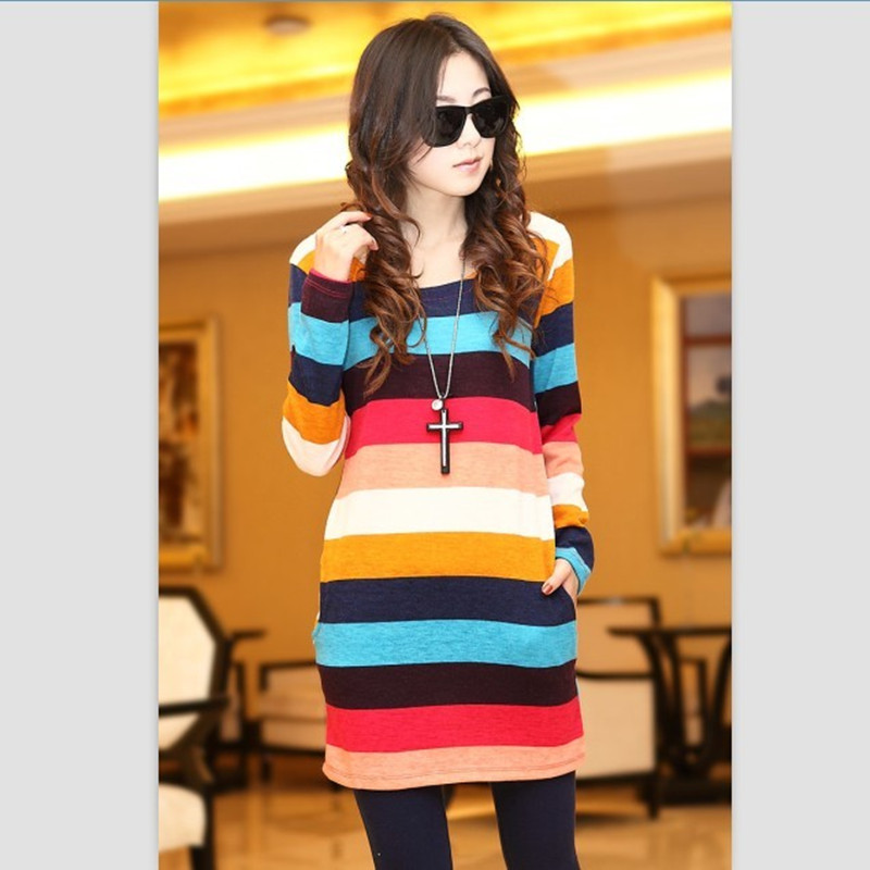 2012 spring and autumn basic shirt slim medium-long pocket sweater color stripe basic sweater