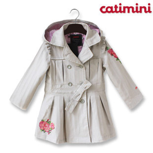 2012 spring and autumn Child girls embroidery catimini rose fashion grey trench outerwear hat