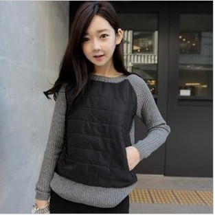 2012 spring and autumn classic o-neck personalized zipper bag leather patchwork thermal t-shirt