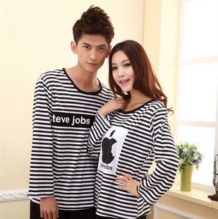 2012 spring and autumn fashion male women's 100% black and white stripe cotton sleepwear long-sleeve lounge set