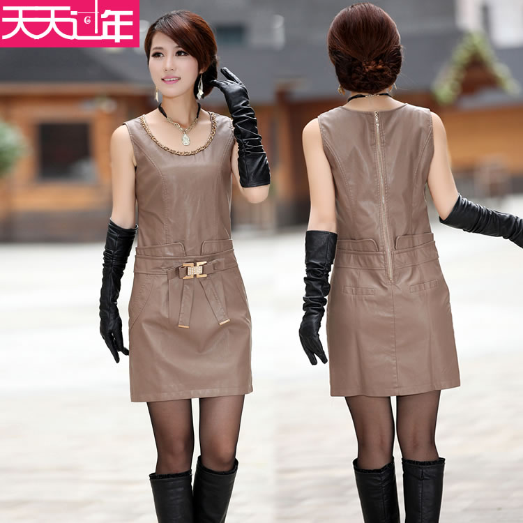 2012 spring and autumn fashion slim elegant PU one-piece dress sleeveless vest leather skirt