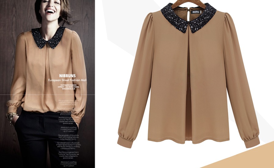 2012 spring and autumn fashion turn-down collar straight long-sleeve bubble long-sleeve chiffon beaded paillette shirt