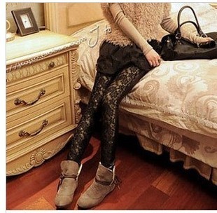 2012 spring and autumn female faux leather lace patchwork cutout legging ankle length trousers