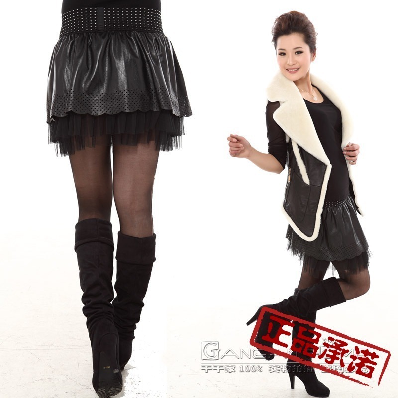 2012 spring and autumn genuine leather skirt short skirt sheepskin lace empty thread laciness bust skirt a-line skirt