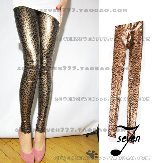 2012 spring and autumn gold leopard print high waist glossy faux leather legging pants legging