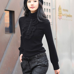 2012 spring and autumn lace decoration all-match turtleneck basic shirt women's top