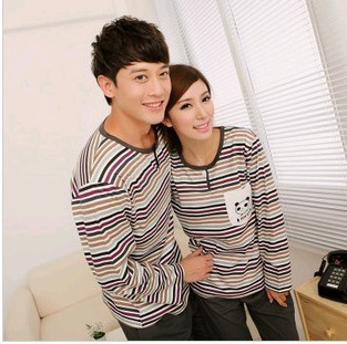 2012 spring and autumn long-sleeve coffee stripe 100% cotton lovers sleepwear male women's lounge set