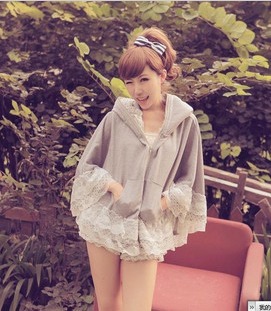 2012 spring and autumn mantissas outerwear cotton with a hood lace decoration zipper-up hooded cape outerwear