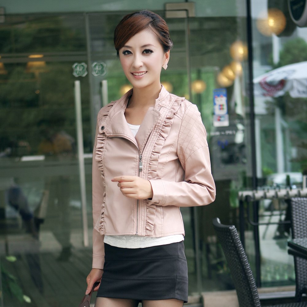 2012 spring and autumn new arrival women's stand collar short design ruffle hem long-sleeve water washed leather clothing