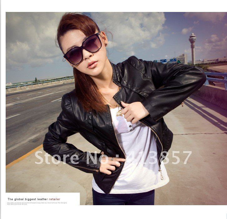 2012 Spring and Autumn new oak Philippine women pu leather short paragraph Slim black Korean jacket