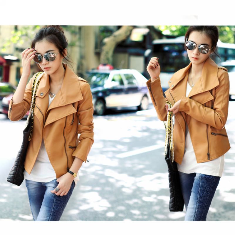 2012 spring and autumn PU outerwear double turn-down collar motorcycle jacket short design slim women's small leather clothing