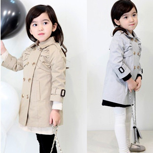 2012 spring and autumn simple and elegant girls clothing baby double breasted trench pleated