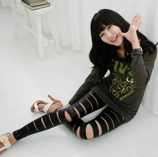 2012 spring and autumn slim faux leather hole legging ankle length trousers