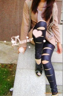 2012 spring and autumn slim faux leather hole legging ankle length trousers