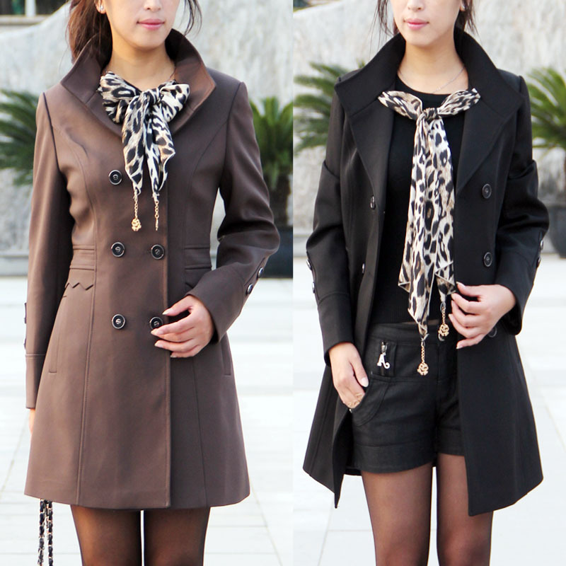 2012 spring and autumn trench outerwear Women slim double breasted silk scarf trench plus size