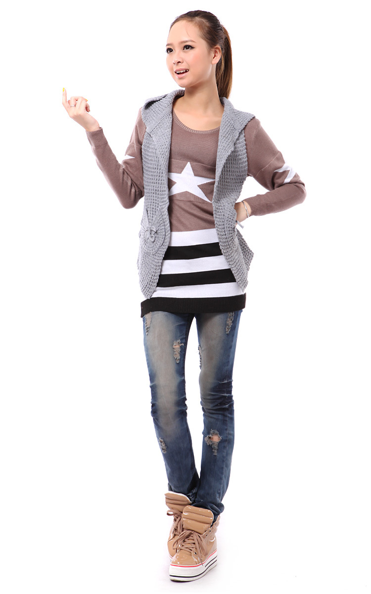 2012 spring and autumn women's 501 solid color with pockets with a hood cardigan vest sweater
