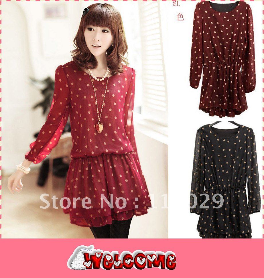 2012 Spring And Autumn Women's Dot Polka Dot Sweet Long-Sleeve Chiffon Skirt One-Piece Dress