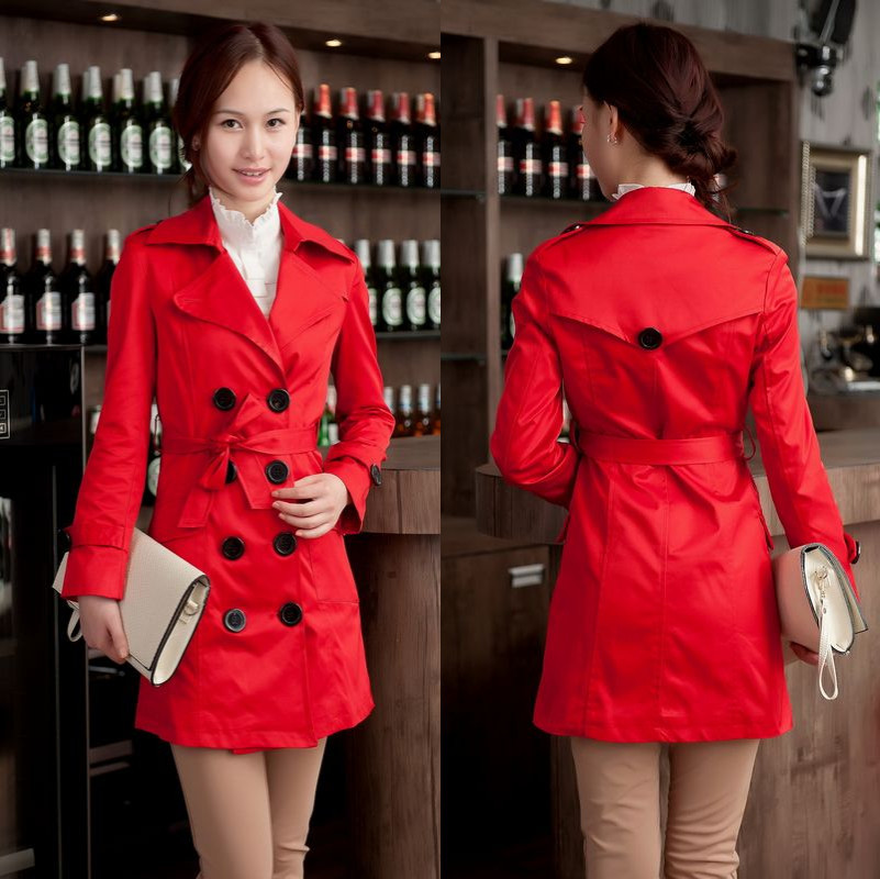 2012 spring and autumn women's double breasted commercial long design turn-down collar all-match slim waist solid color trench