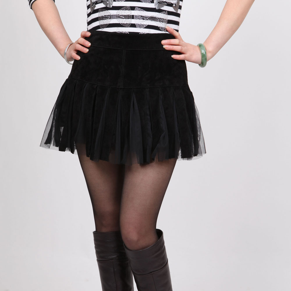 2012 spring and autumn women's genuine leather suede skirt sheepskin bust skirt lace black