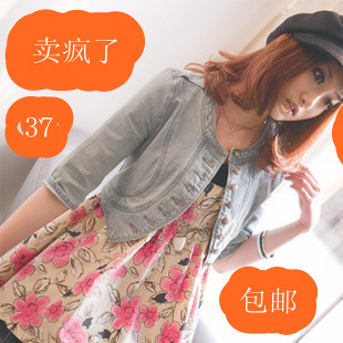 2012 spring and autumn women's handsome military slim half sleeve short design denim short jacket