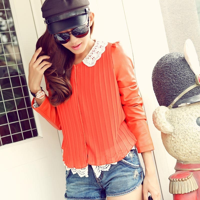 2012 spring and autumn women's leather patchwork coat slim long-sleeve lace women's short jacket cardigan