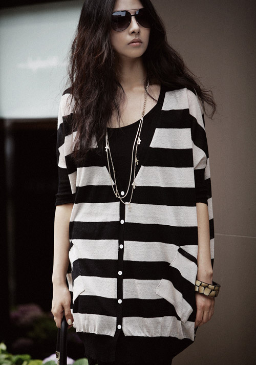 2012 spring and autumn women's medium-long loose sweater black and white stripe sweater cardigan