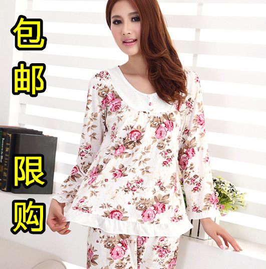 2012 spring and autumn women's quality o-neck long-sleeve cotton sleep thin 100% lounge set