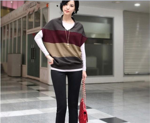 2012 spring and autumn women's stripe color block plus size loose sweater short-sleeve pullover sweater outerwear