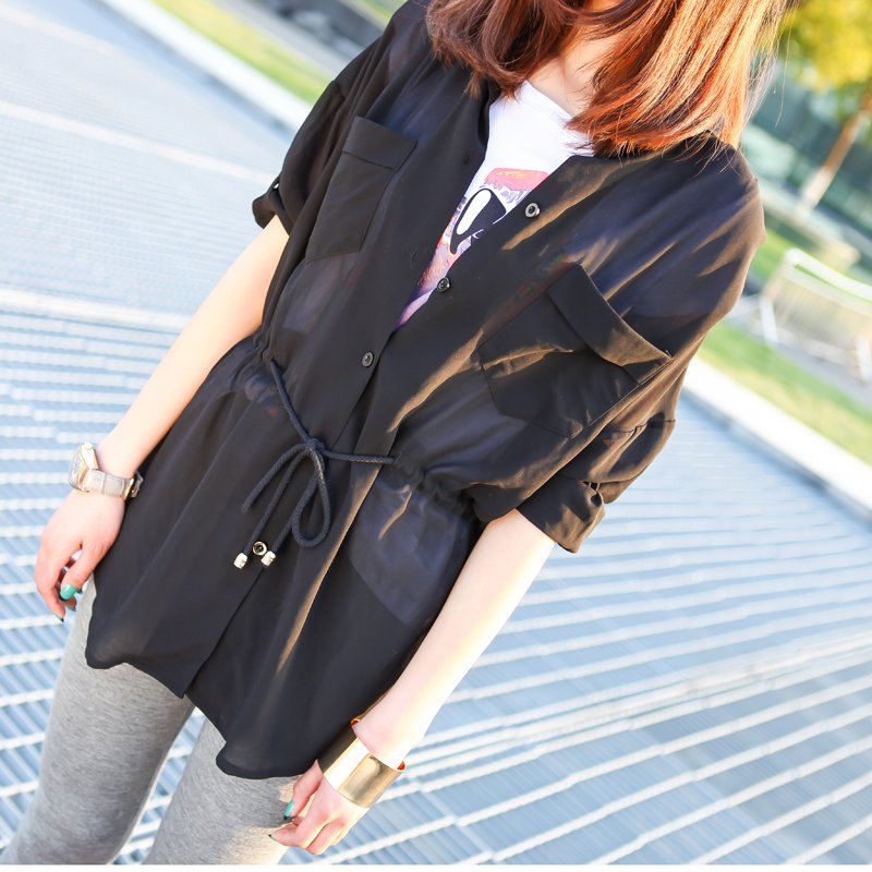 2012 spring and summer behind the net patchwork chiffon turn-down collar loose drawstring slim waist sun protection clothing